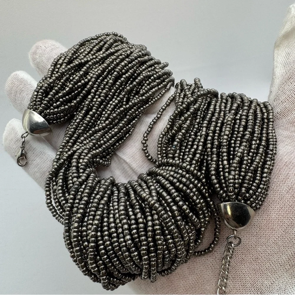 Multi Strand Gunmetal Seed Bead Statement Necklace Bold Weighted Boho Chunky
